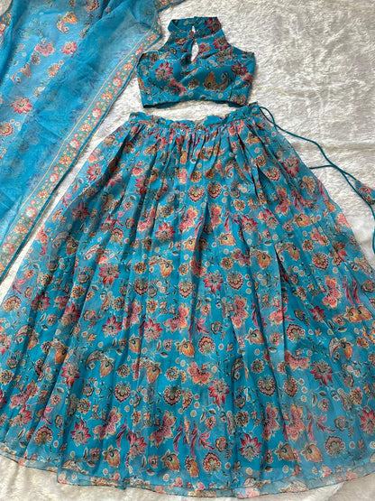 Designer Sky Blue Color Pure Organza Floral Printed Lehenga Choli