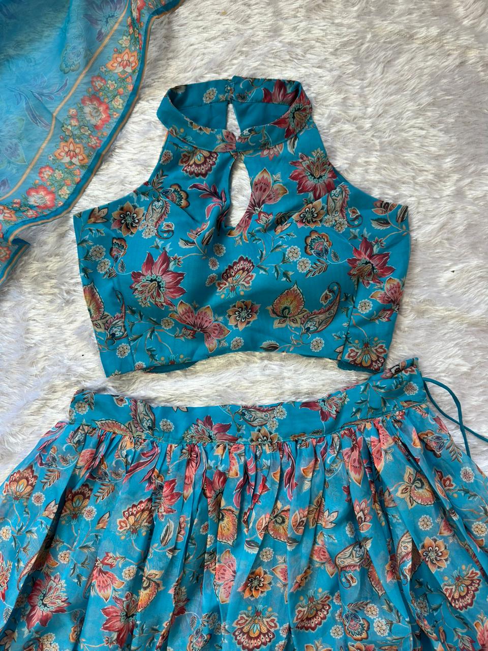 Designer Sky Blue Color Pure Organza Floral Printed Lehenga Choli