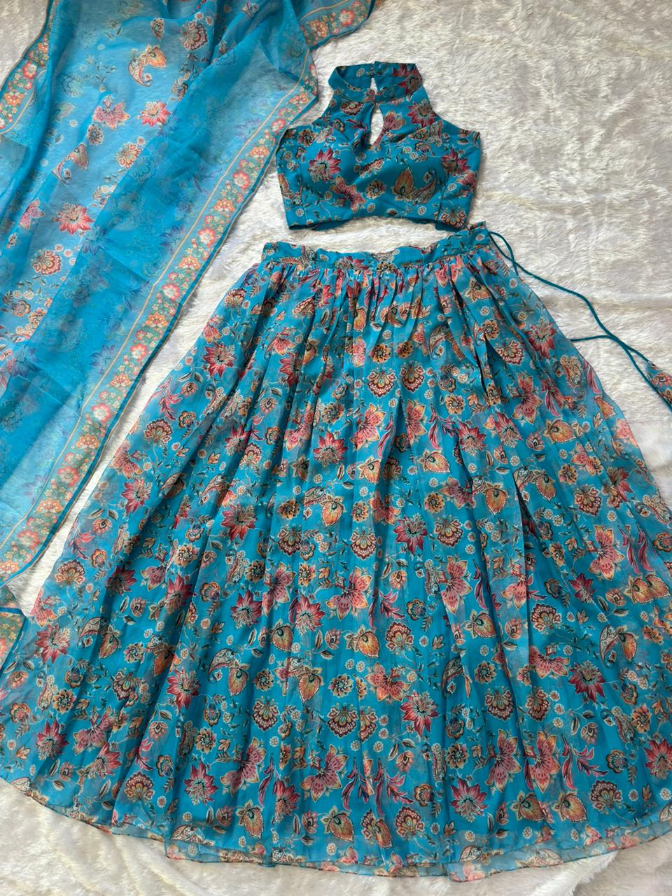 Designer Sky Blue Color Pure Organza Floral Printed Lehenga Choli