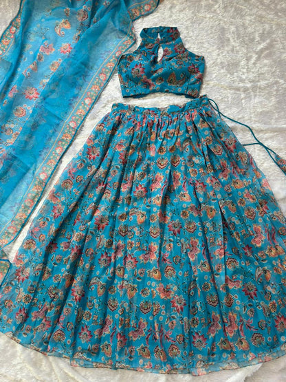 Designer Sky Blue Color Pure Organza Floral Printed Lehenga Choli