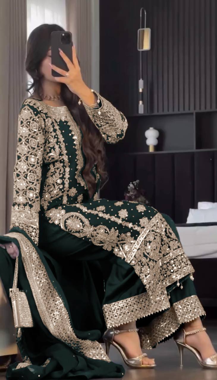 Reception Wear Green Color Faux Georgette With Heavy Embroidery Sequence Work Designer Salwar Suit