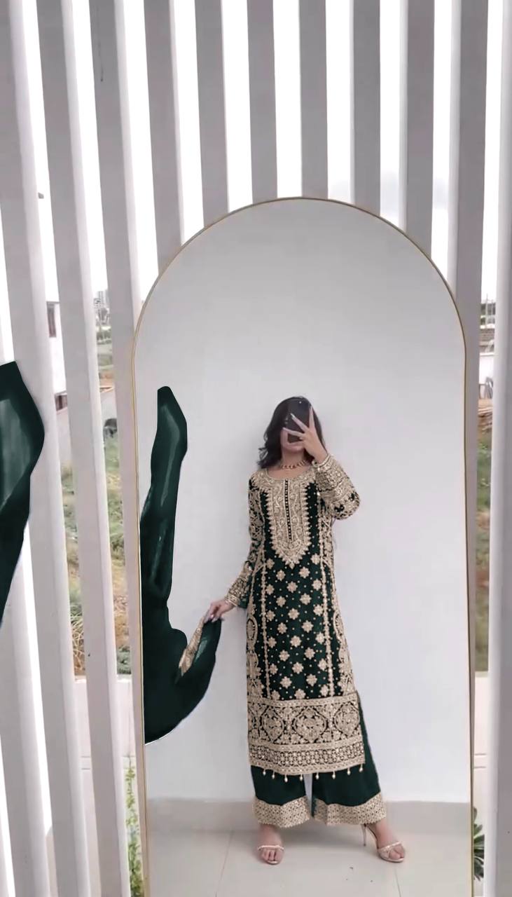 Reception Wear Green Color Faux Georgette With Heavy Embroidery Sequence Work Designer Salwar Suit