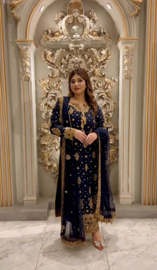 Good Looking Embroidery Work Navy Blue Color Palazzo Suit