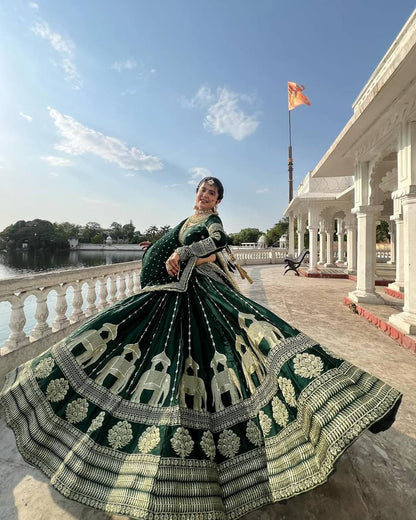 Wedding Wear Green Color Heavy Chinon Silk Embroidery With Sequence Work Lehenga Choli