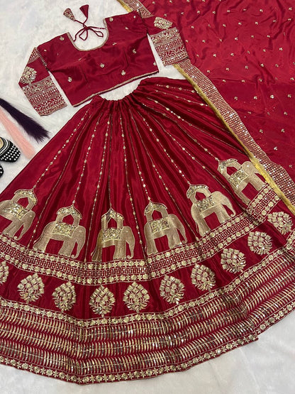 Wedding Wear Maroon Color Heavy Chinon Silk Embroidery With Sequence Work Lehenga Choli