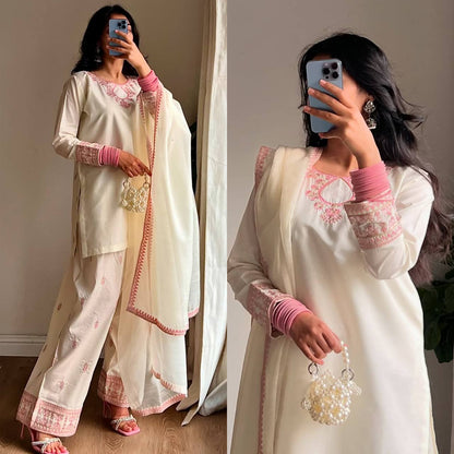 Festive Wear Off White Color Rayon Cotton Silk With Sequins And  Embroidery Zari Work Designer Salwar Suit