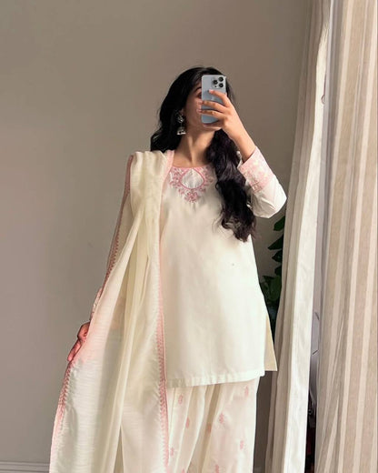Festive Wear Off White Color Rayon Cotton Silk With Sequins And  Embroidery Zari Work Designer Salwar Suit
