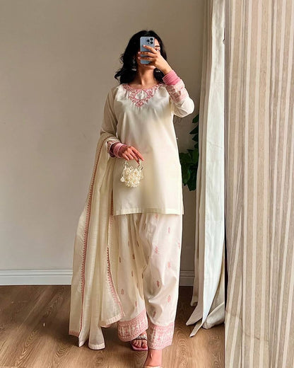 Festive Wear Off White Color Rayon Cotton Silk With Sequins And  Embroidery Zari Work Designer Salwar Suit