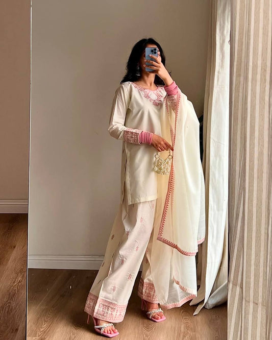 Festive Wear Off White Color Rayon Cotton Silk With Sequins And  Embroidery Zari Work Designer Salwar Suit