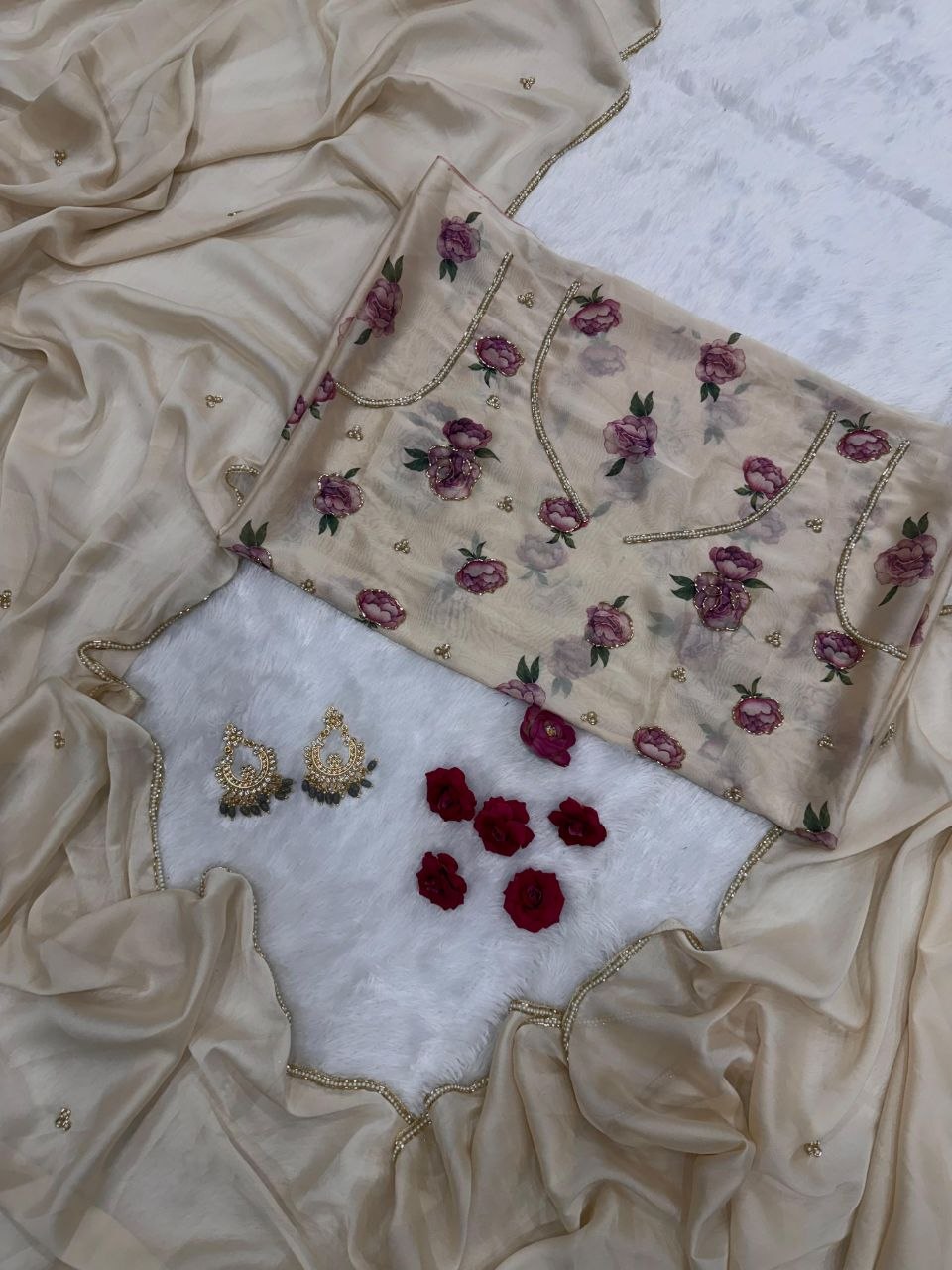 Luxuriant Beige Color Rangoli Silk Katdana Handwork Saree With Blouse