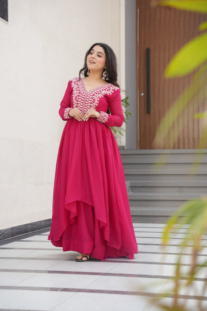 Engagements Wear Pink Color Star Georgette  Embroidery With Beads And Sequin Work Beautiful Gown