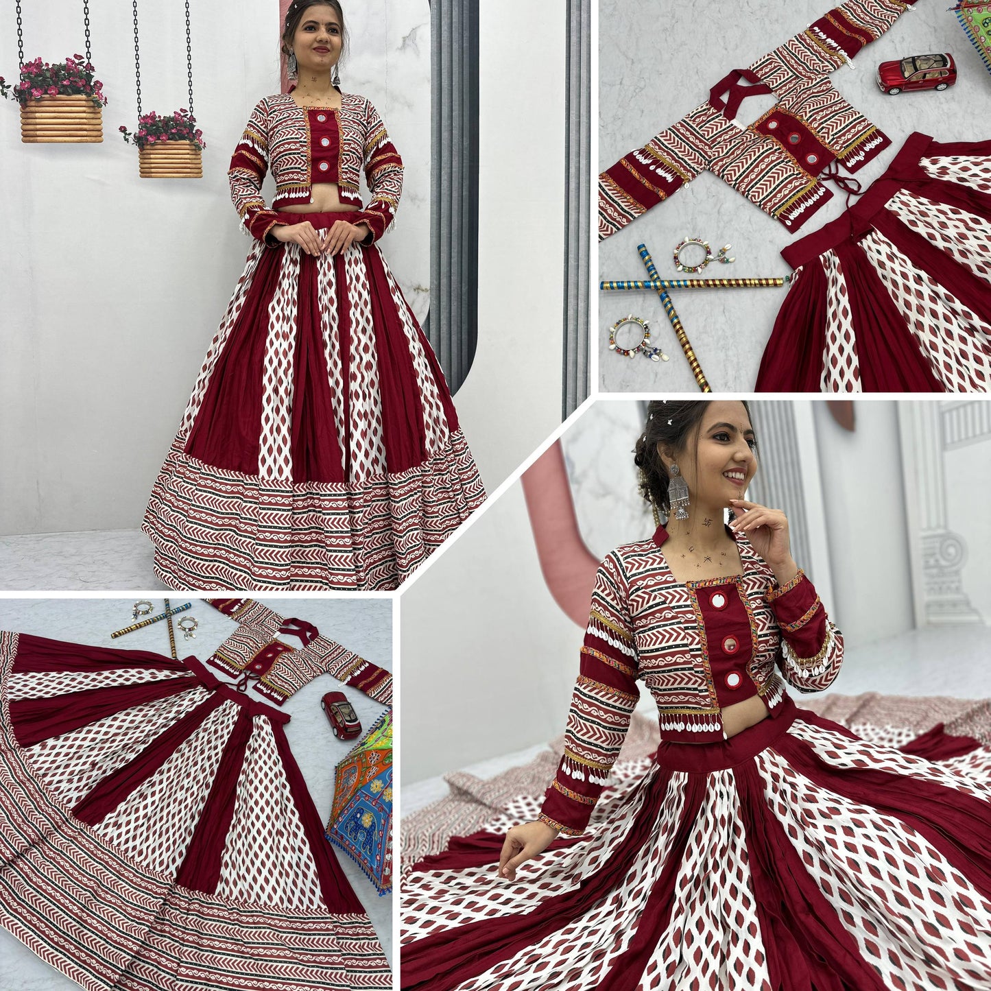 Maroon Color Riyon Cotton Traditional Ajarakh Print With Real Mirror Work Navratri Lehenga Choli