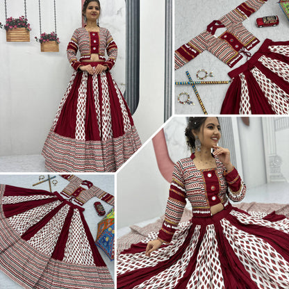 Maroon Color Riyon Cotton Traditional Ajarakh Print With Real Mirror Work Navratri Lehenga Choli