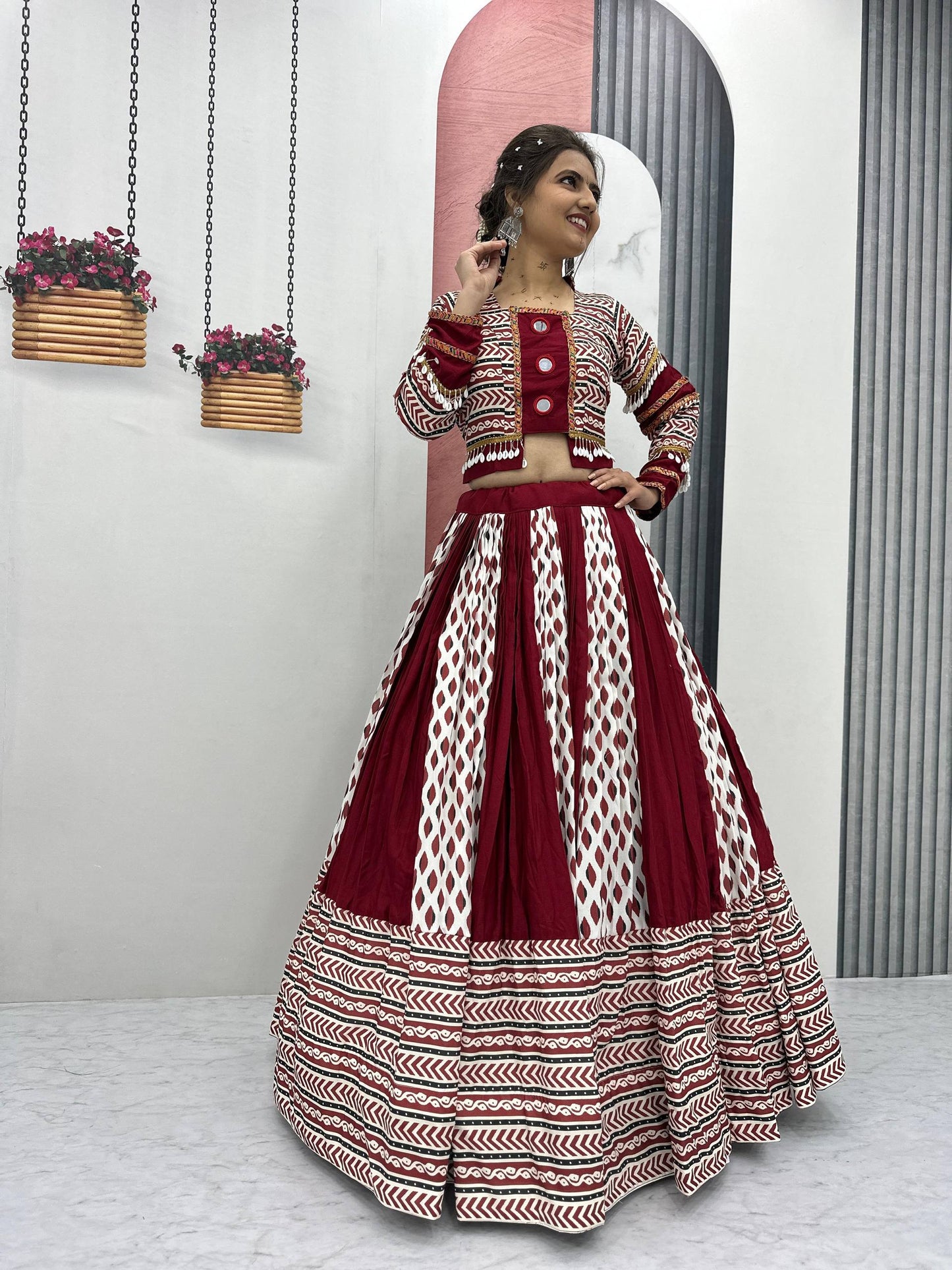 Maroon Color Riyon Cotton Traditional Ajarakh Print With Real Mirror Work Navratri Lehenga Choli