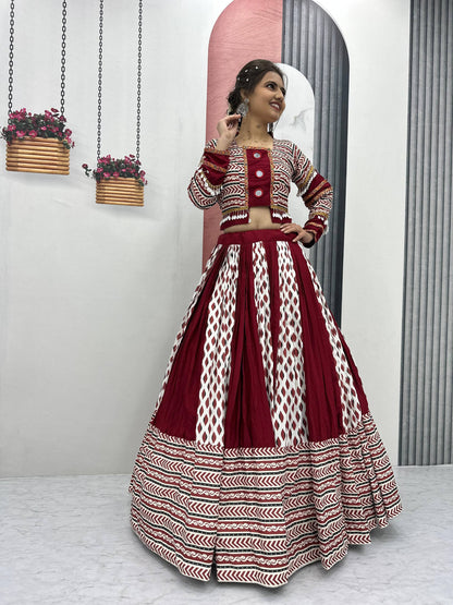 Maroon Color Riyon Cotton Traditional Ajarakh Print With Real Mirror Work Navratri Lehenga Choli