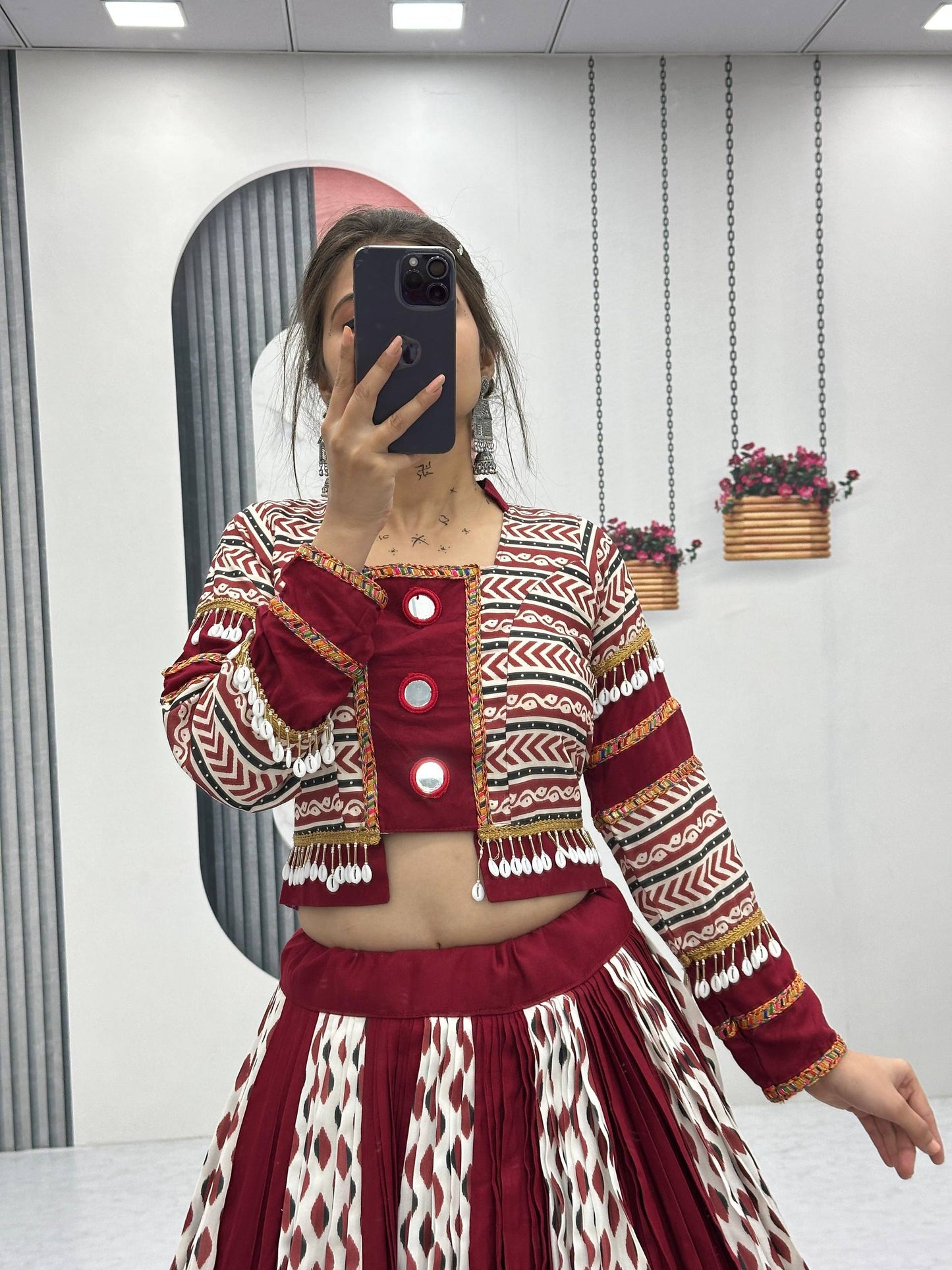 Maroon Color Riyon Cotton Traditional Ajarakh Print With Real Mirror Work Navratri Lehenga Choli