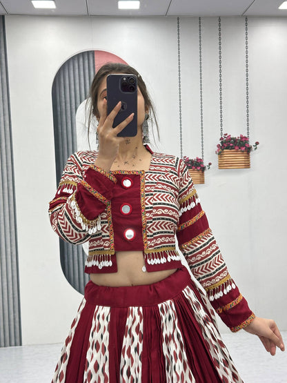 Maroon Color Riyon Cotton Traditional Ajarakh Print With Real Mirror Work Navratri Lehenga Choli