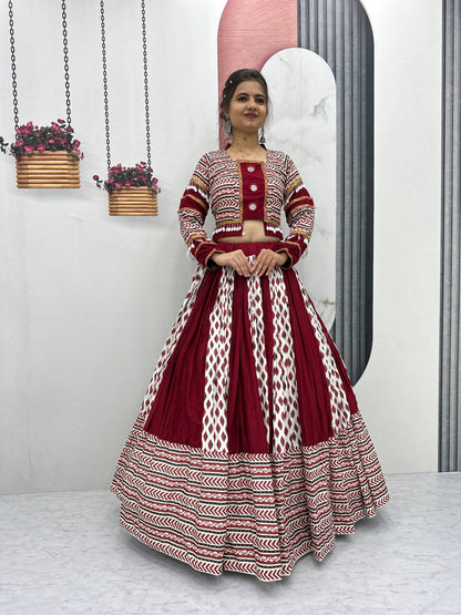 Maroon Color Riyon Cotton Traditional Ajarakh Print With Real Mirror Work Navratri Lehenga Choli