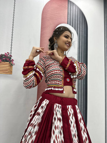Maroon Color Riyon Cotton Traditional Ajarakh Print With Real Mirror Work Navratri Lehenga Choli