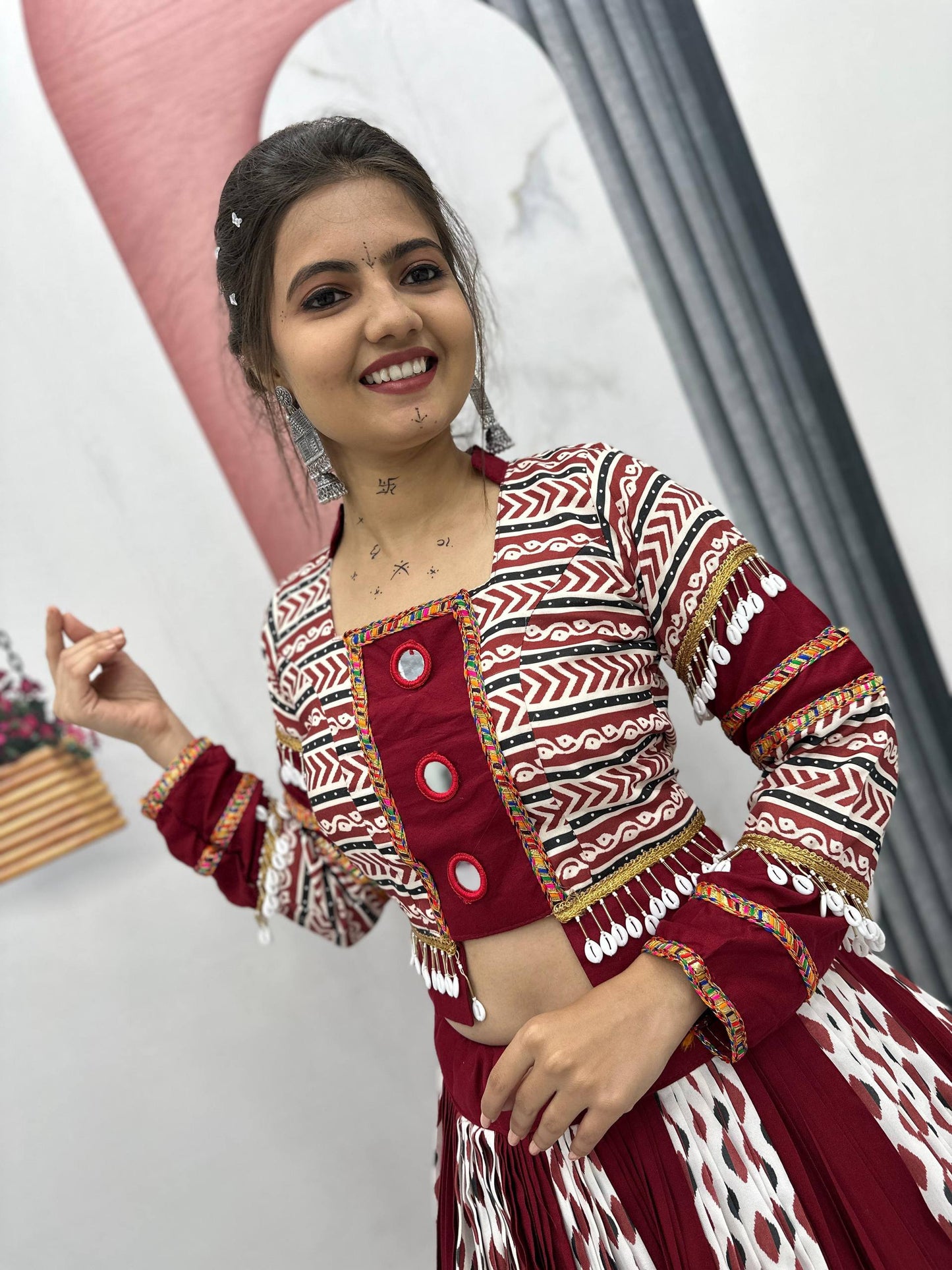 Maroon Color Riyon Cotton Traditional Ajarakh Print With Real Mirror Work Navratri Lehenga Choli