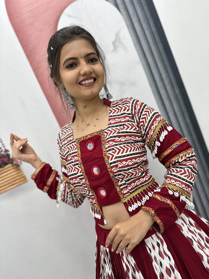 Maroon Color Riyon Cotton Traditional Ajarakh Print With Real Mirror Work Navratri Lehenga Choli