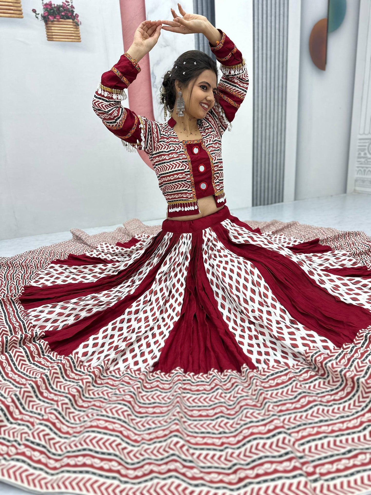 Maroon Color Riyon Cotton Traditional Ajarakh Print With Real Mirror Work Navratri Lehenga Choli