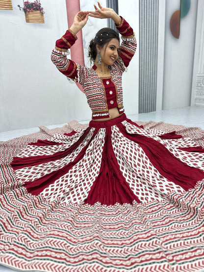 Maroon Color Riyon Cotton Traditional Ajarakh Print With Real Mirror Work Navratri Lehenga Choli