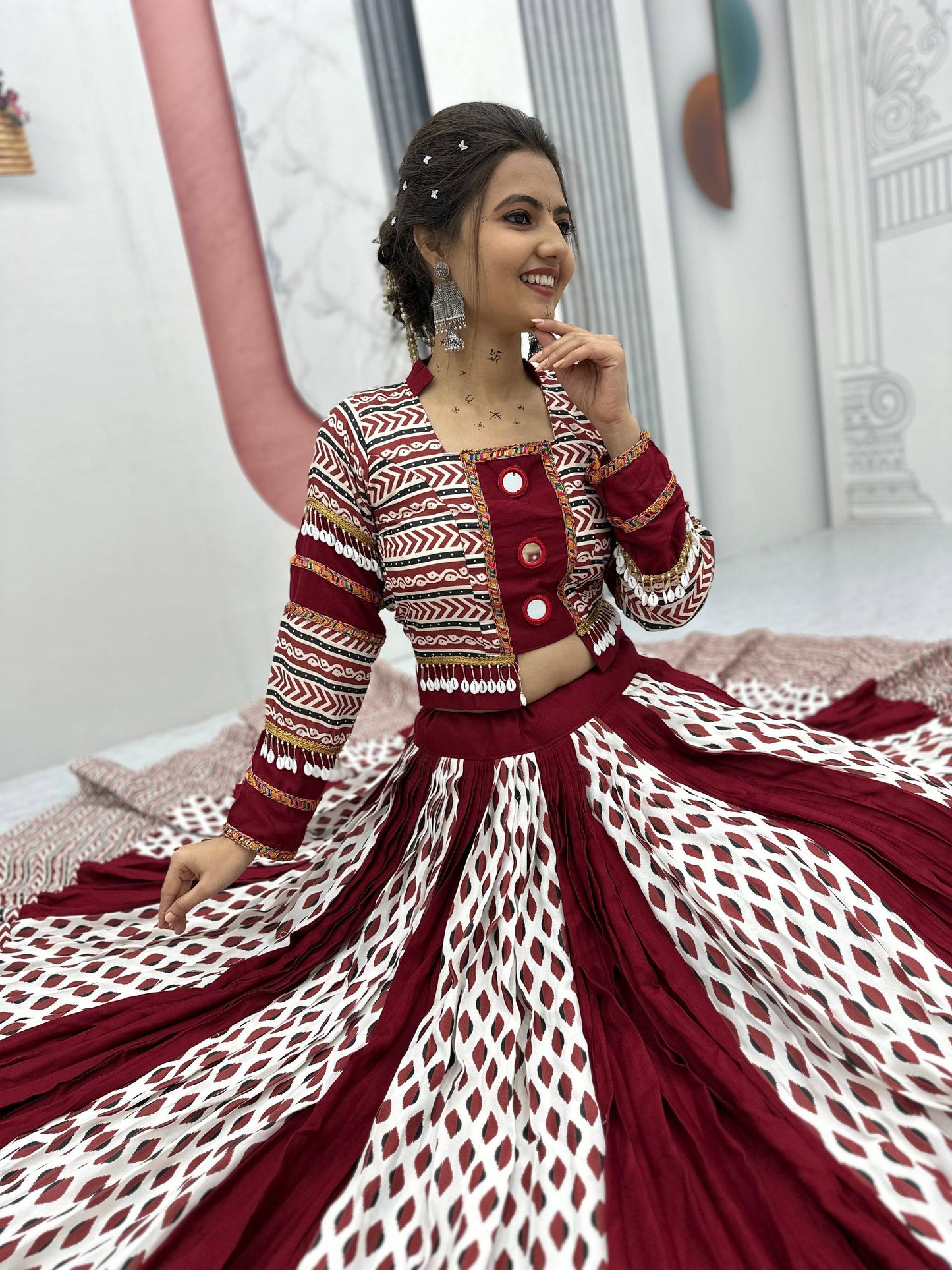 Maroon Color Riyon Cotton Traditional Ajarakh Print With Real Mirror Work Navratri Lehenga Choli