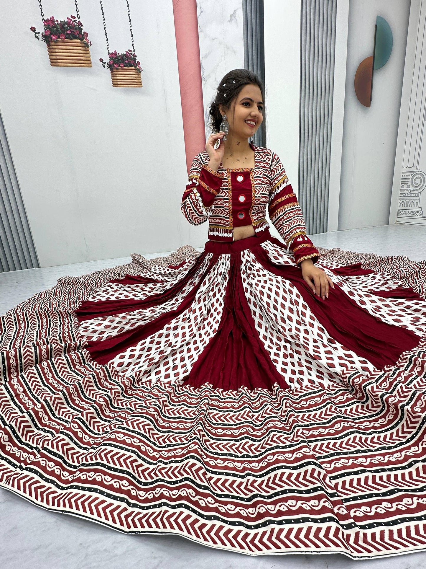 Maroon Color Riyon Cotton Traditional Ajarakh Print With Real Mirror Work Navratri Lehenga Choli