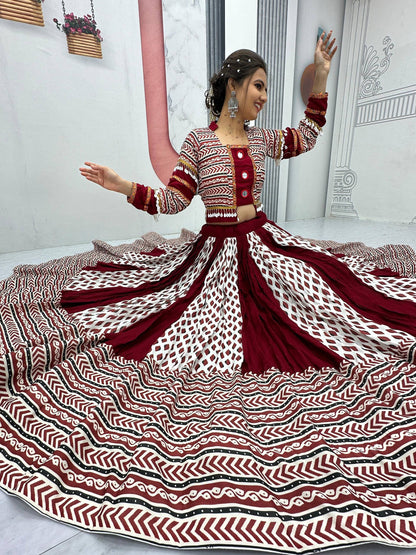 Maroon Color Riyon Cotton Traditional Ajarakh Print With Real Mirror Work Navratri Lehenga Choli