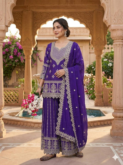 Eye Catching Purple Color Heavy Chinon Silk Palazzo Suit
