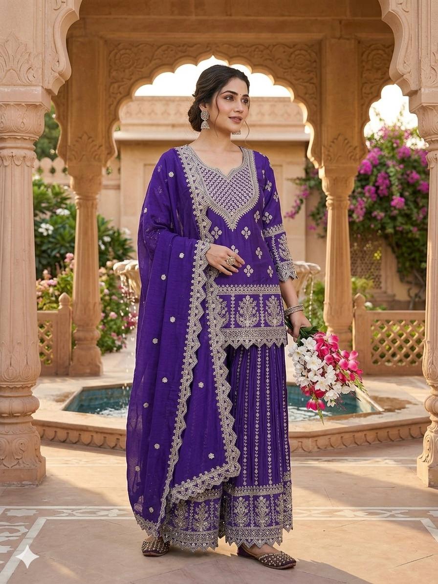 Eye Catching Purple Color Heavy Chinon Silk Palazzo Suit