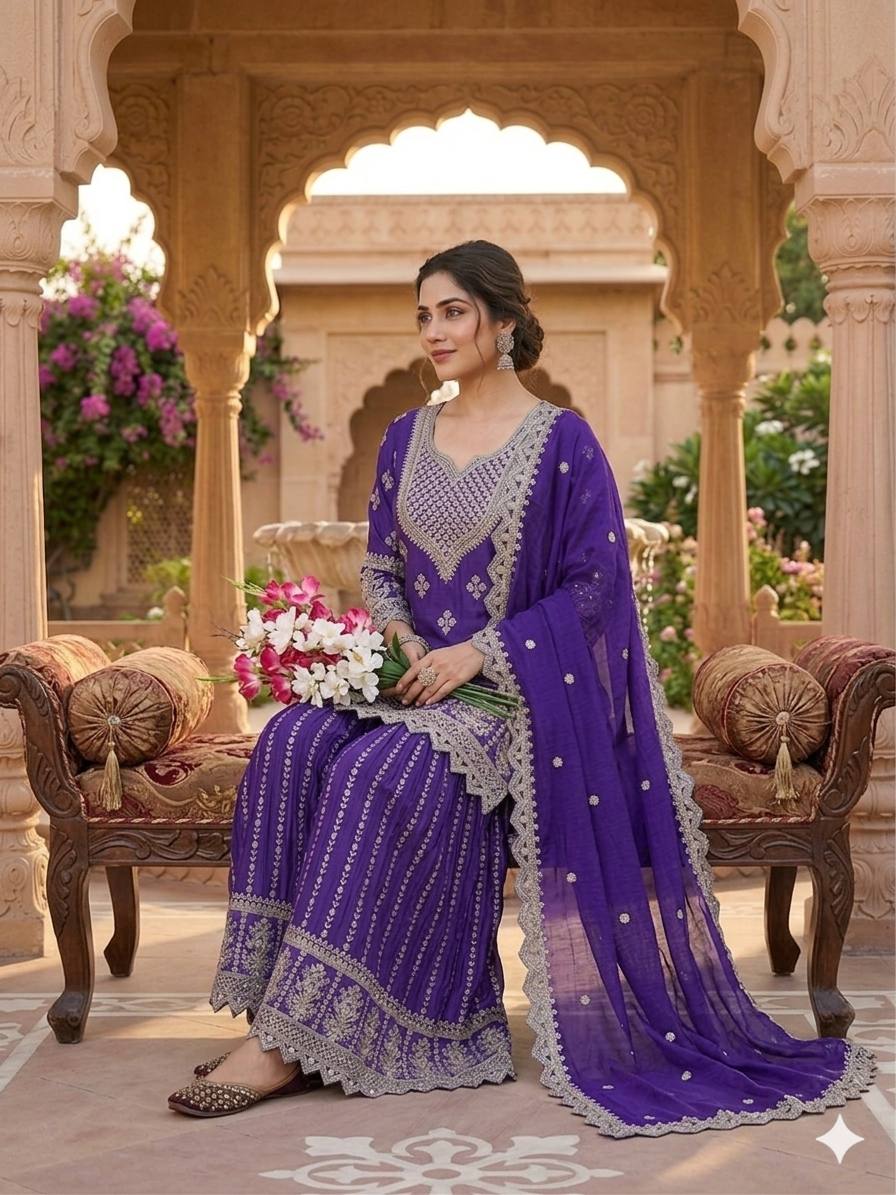 Eye Catching Purple Color Heavy Chinon Silk Palazzo Suit