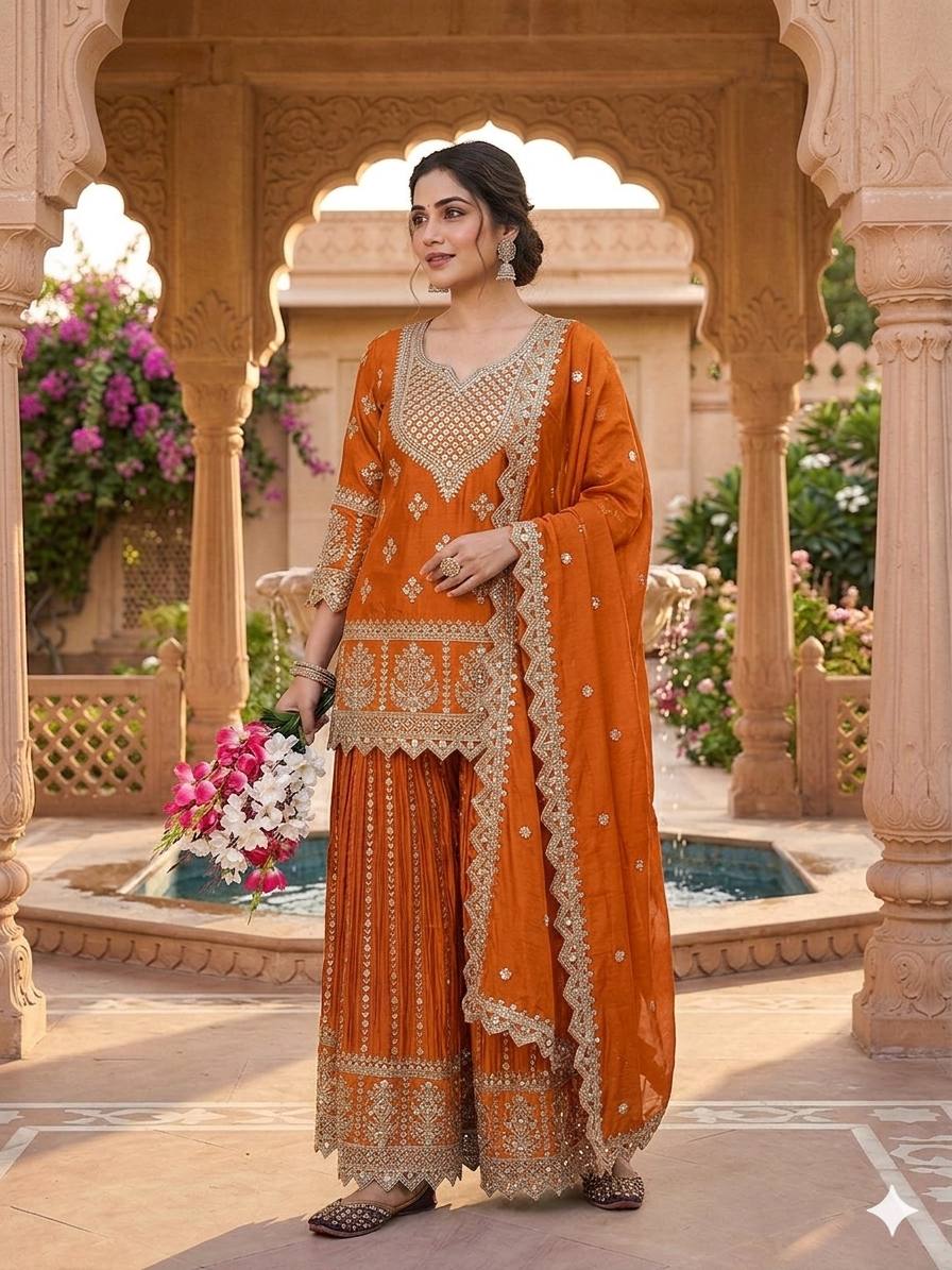 Fashionable Orange Color Heavy Chinon Silk Palazzo Suit With Dupatta