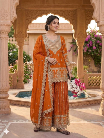 Fashionable Orange Color Heavy Chinon Silk Palazzo Suit With Dupatta