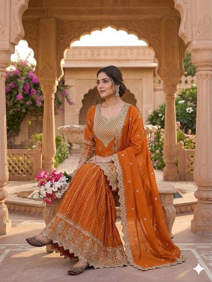 Fashionable Orange Color Heavy Chinon Silk Palazzo Suit With Dupatta
