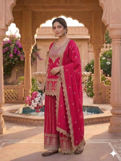 Shining Pink Color Heavy Chinon Silk Palazzo Suit