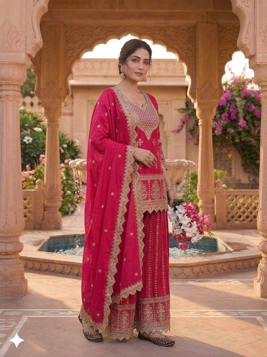 Shining Pink Color Heavy Chinon Silk Palazzo Suit