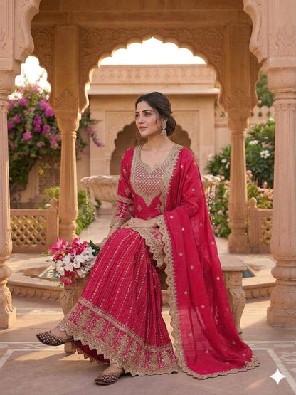 Shining Pink Color Heavy Chinon Silk Palazzo Suit