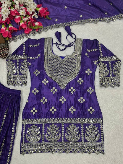 Eye Catching Purple Color Heavy Chinon Silk Palazzo Suit