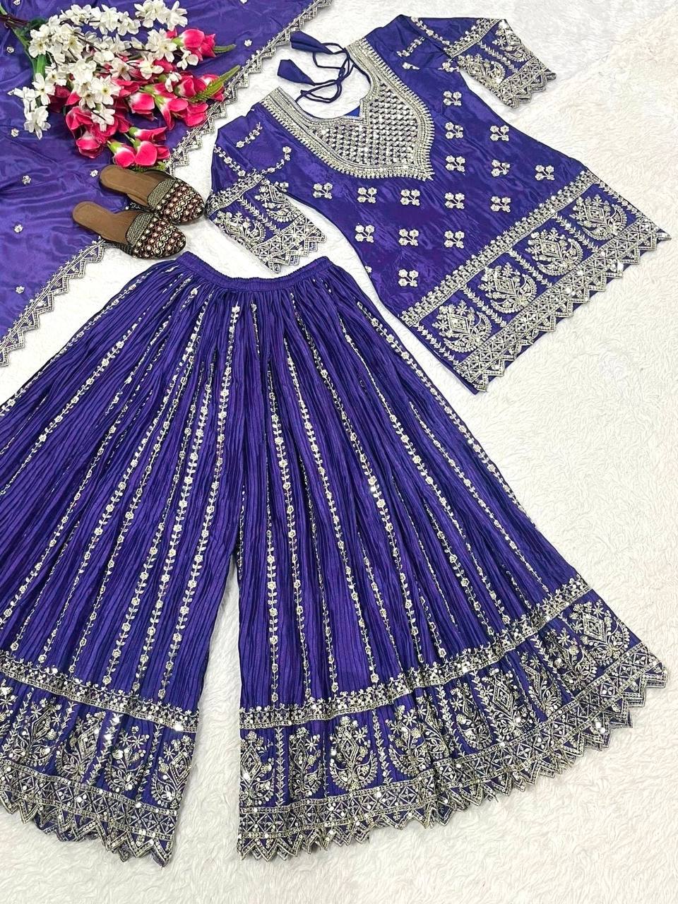 Eye Catching Purple Color Heavy Chinon Silk Palazzo Suit