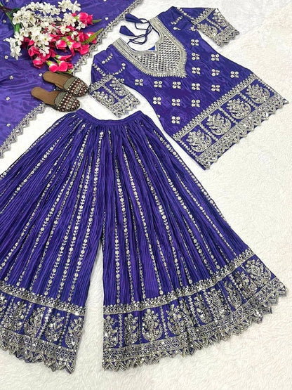 Eye Catching Purple Color Heavy Chinon Silk Palazzo Suit