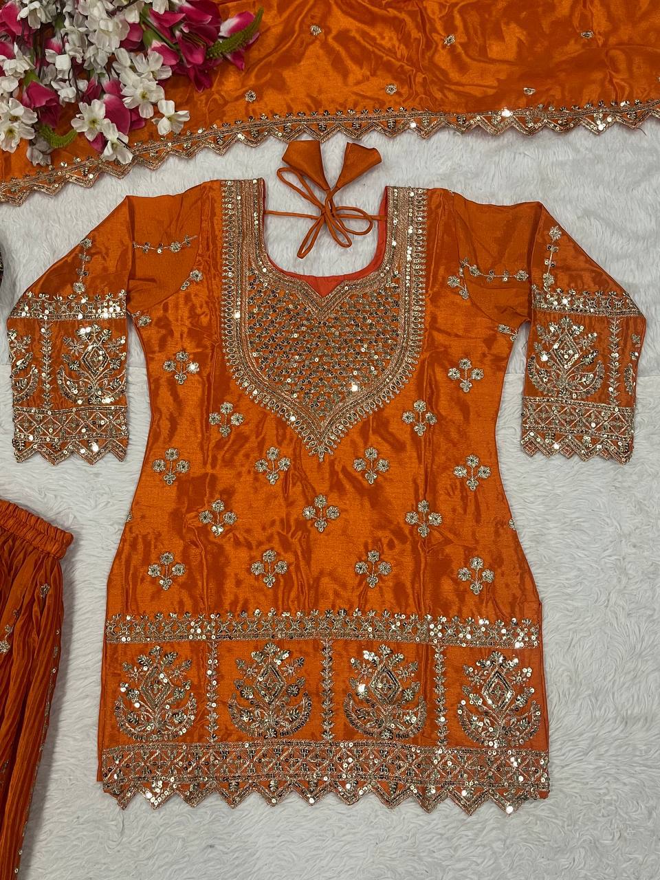 Fashionable Orange Color Heavy Chinon Silk Palazzo Suit With Dupatta