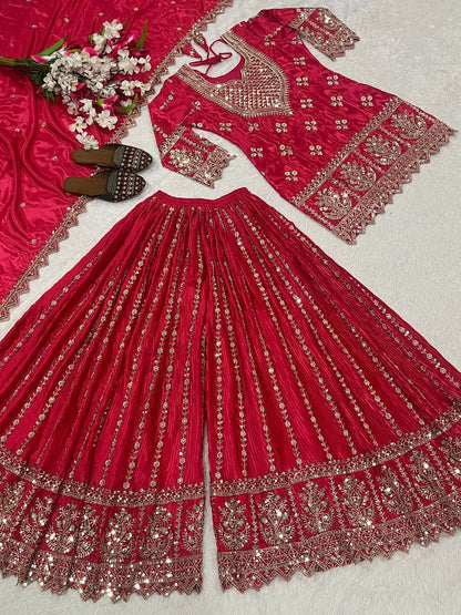 Shining Pink Color Heavy Chinon Silk Palazzo Suit