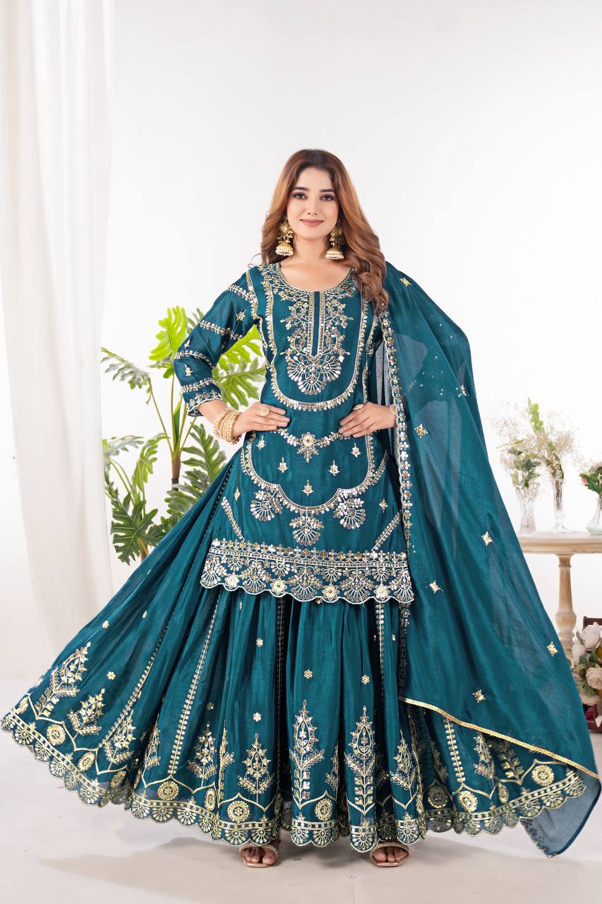 Festive Wear Teal Green Color Pure Chinnon Silk And Embroidery With Coding Sequence Work Palazzo Suit