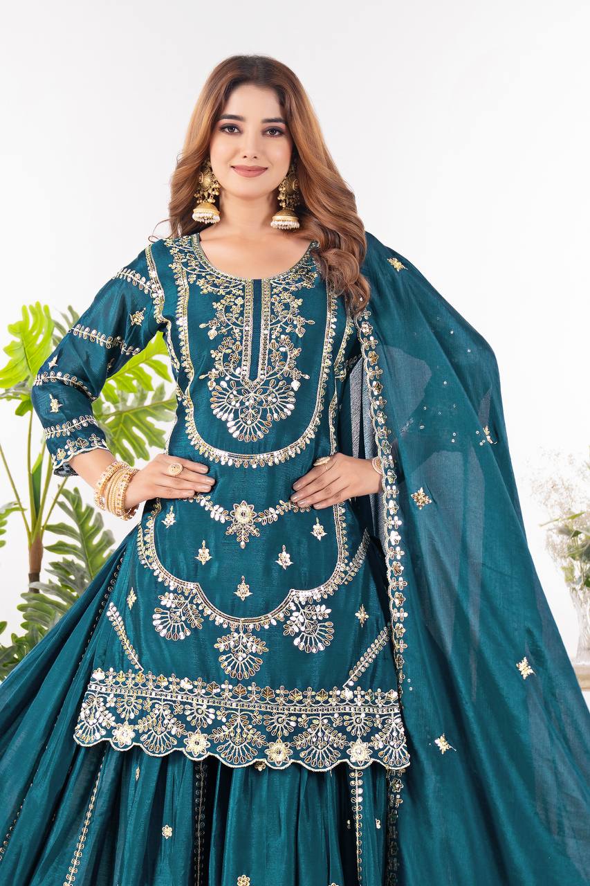 Festive Wear Teal Green Color Pure Chinnon Silk And Embroidery With Coding Sequence Work Palazzo Suit
