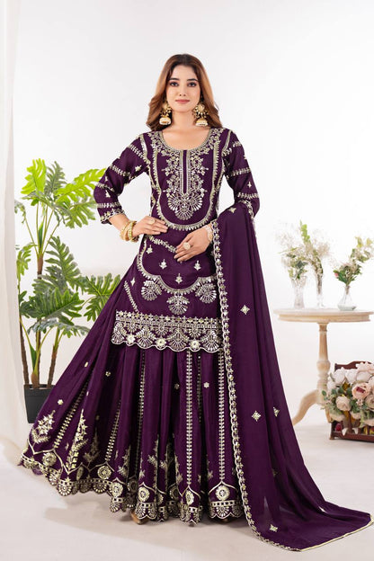 Function Wear Wine Color Pure Chinnon Silk And Embroidery With Coding Sequence Work Palazzo Suit