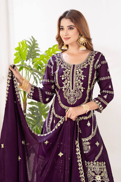Function Wear Wine Color Pure Chinnon Silk And Embroidery With Coding Sequence Work Palazzo Suit