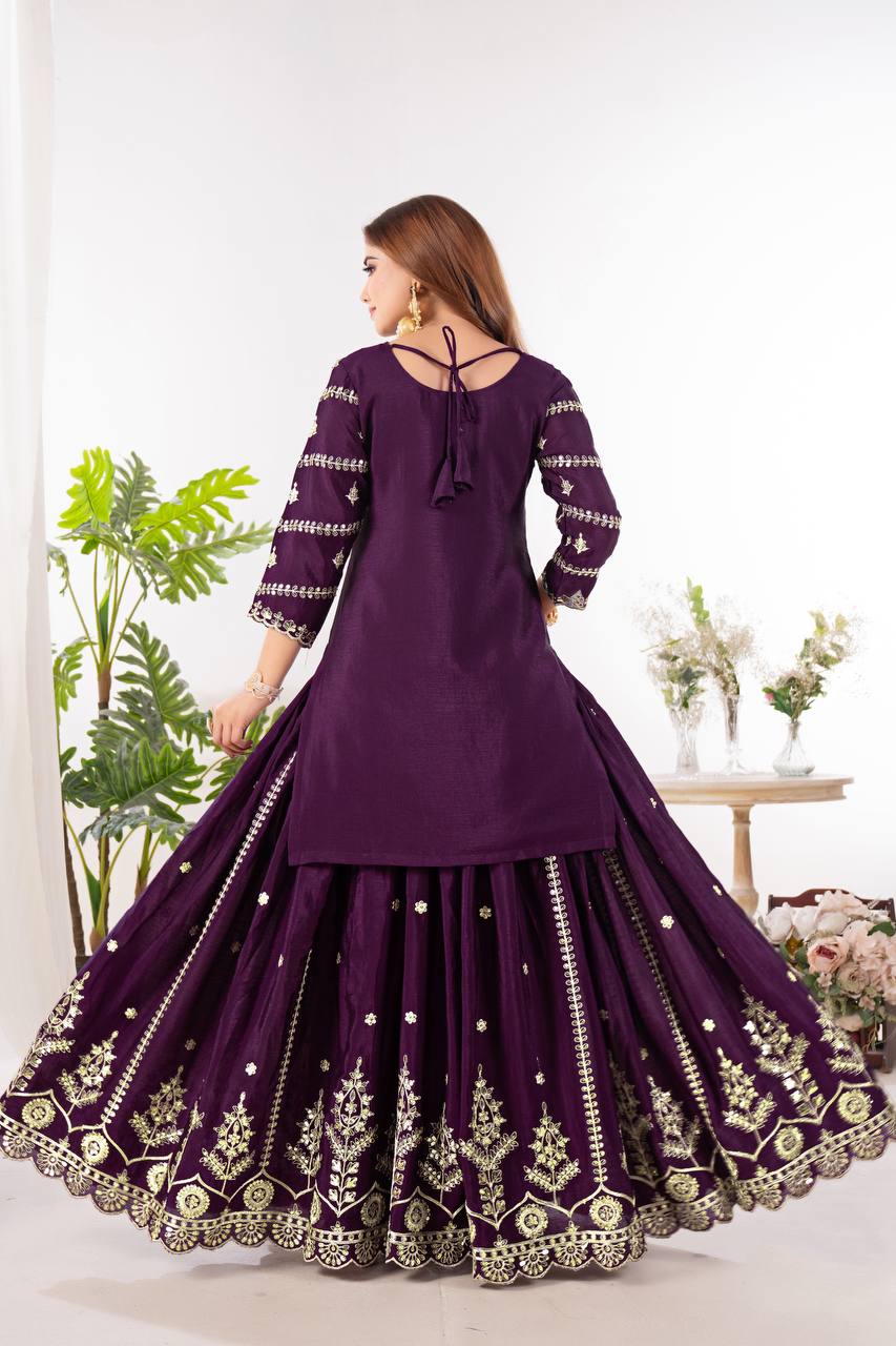 Function Wear Wine Color Pure Chinnon Silk And Embroidery With Coding Sequence Work Palazzo Suit