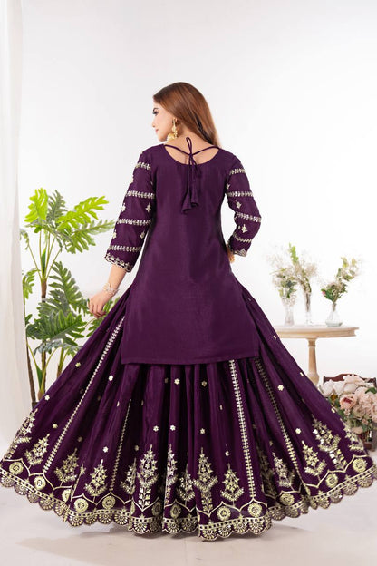 Function Wear Wine Color Pure Chinnon Silk And Embroidery With Coding Sequence Work Palazzo Suit